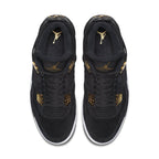 Air Jordan 4 Retro Royalty top view showing black suede upper with metallic gold accents.