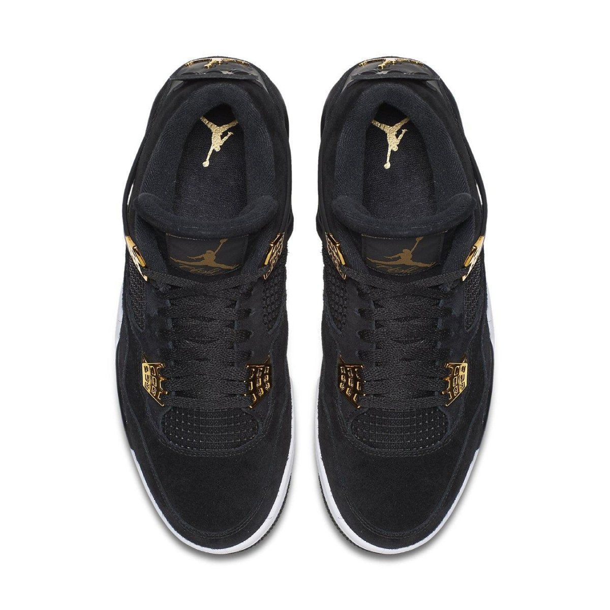 Air Jordan 4 Retro Royalty top view showing black suede upper with metallic gold accents.