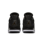 Air Jordan 4 Retro Royalty black suede sneakers featuring gold Jumpman logo on heel and sleek design.