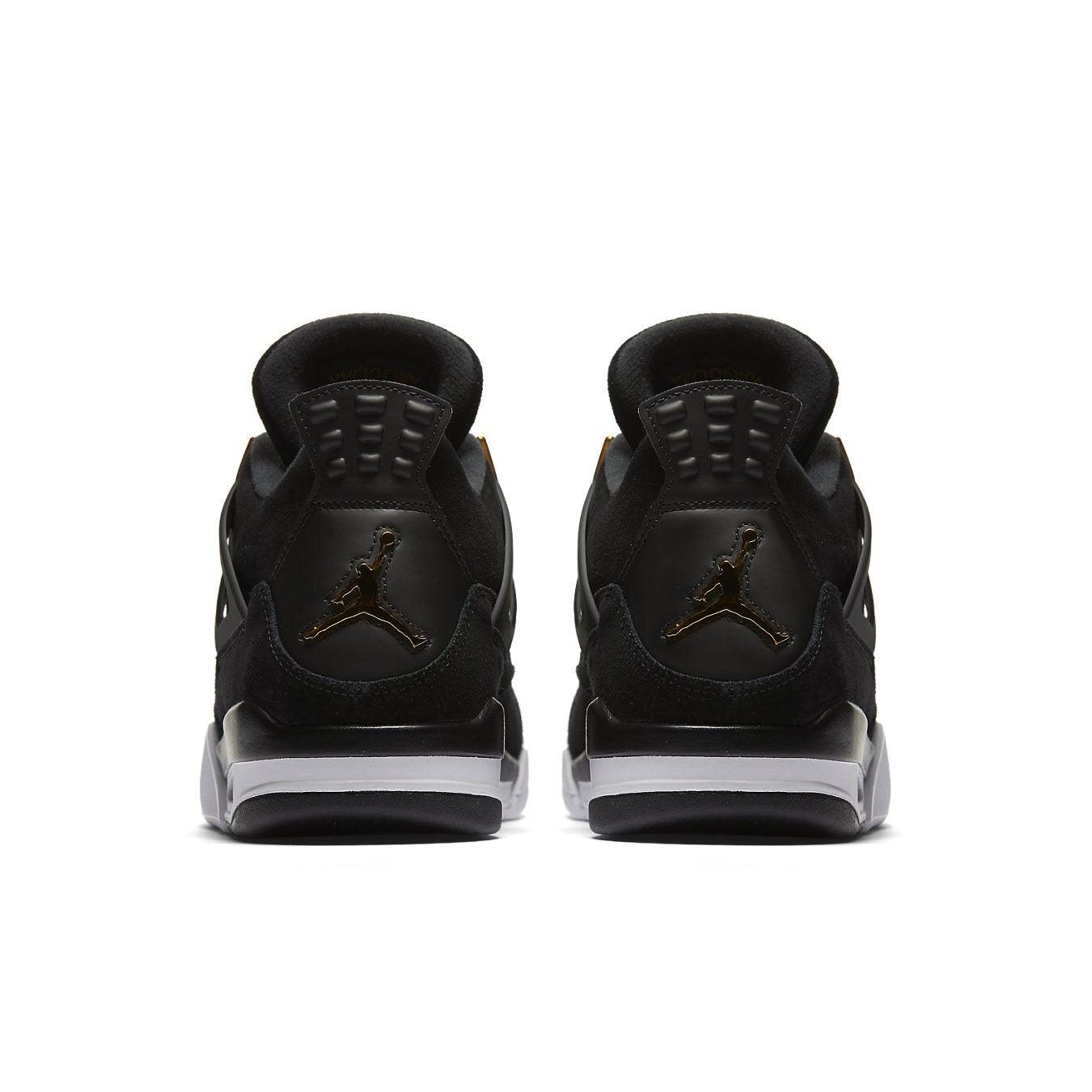 Air Jordan 4 Retro Royalty black suede sneakers featuring gold Jumpman logo on heel and sleek design.