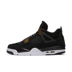 Air Jordan 4 Retro Royalty sneaker features black suede upper and metallic gold accents.