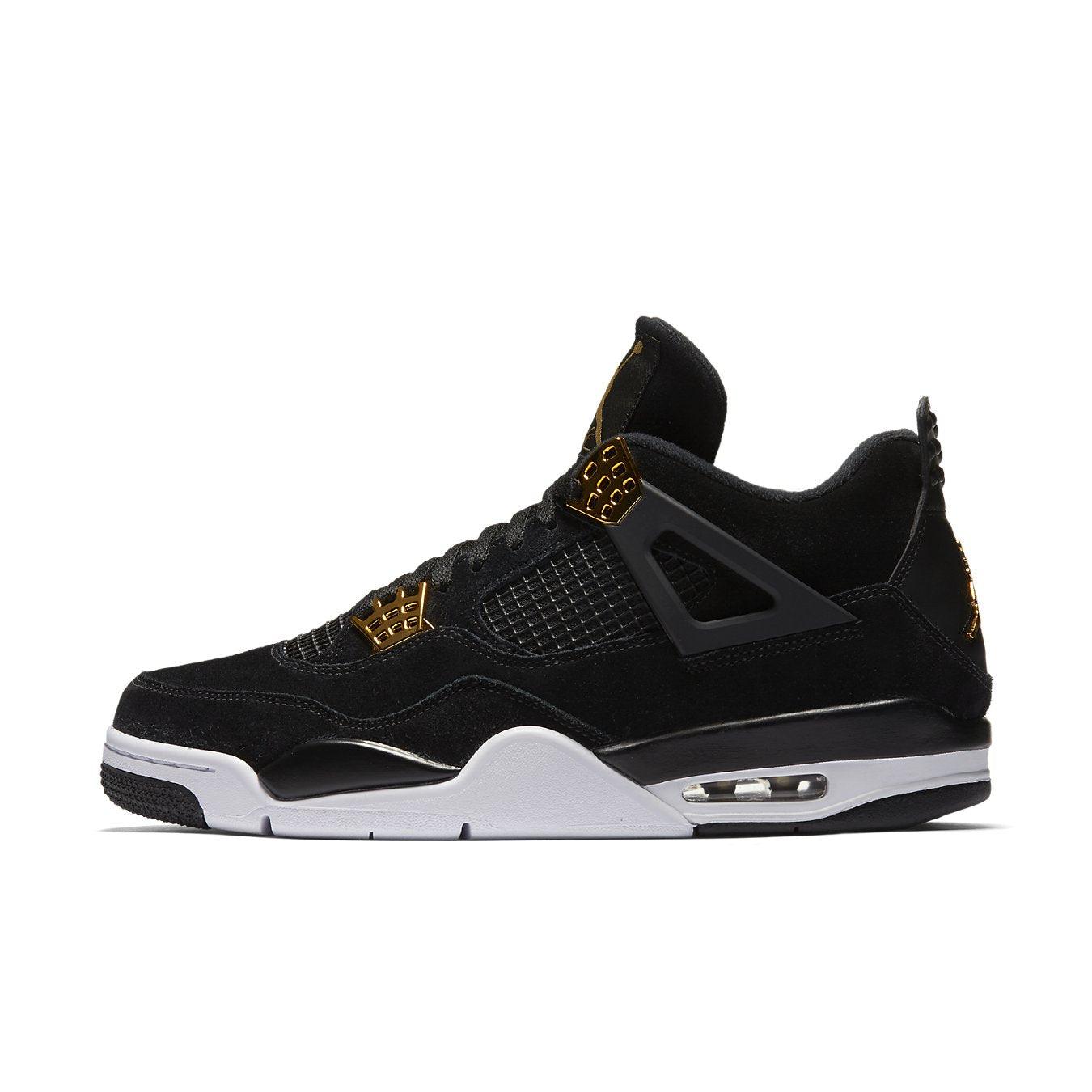 Air Jordan 4 Retro Royalty sneaker features black suede upper and metallic gold accents.