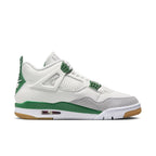 Nike SB x Air Jordan 4 Retro Pine Green featuring white and pine green leather with grey suede accents.