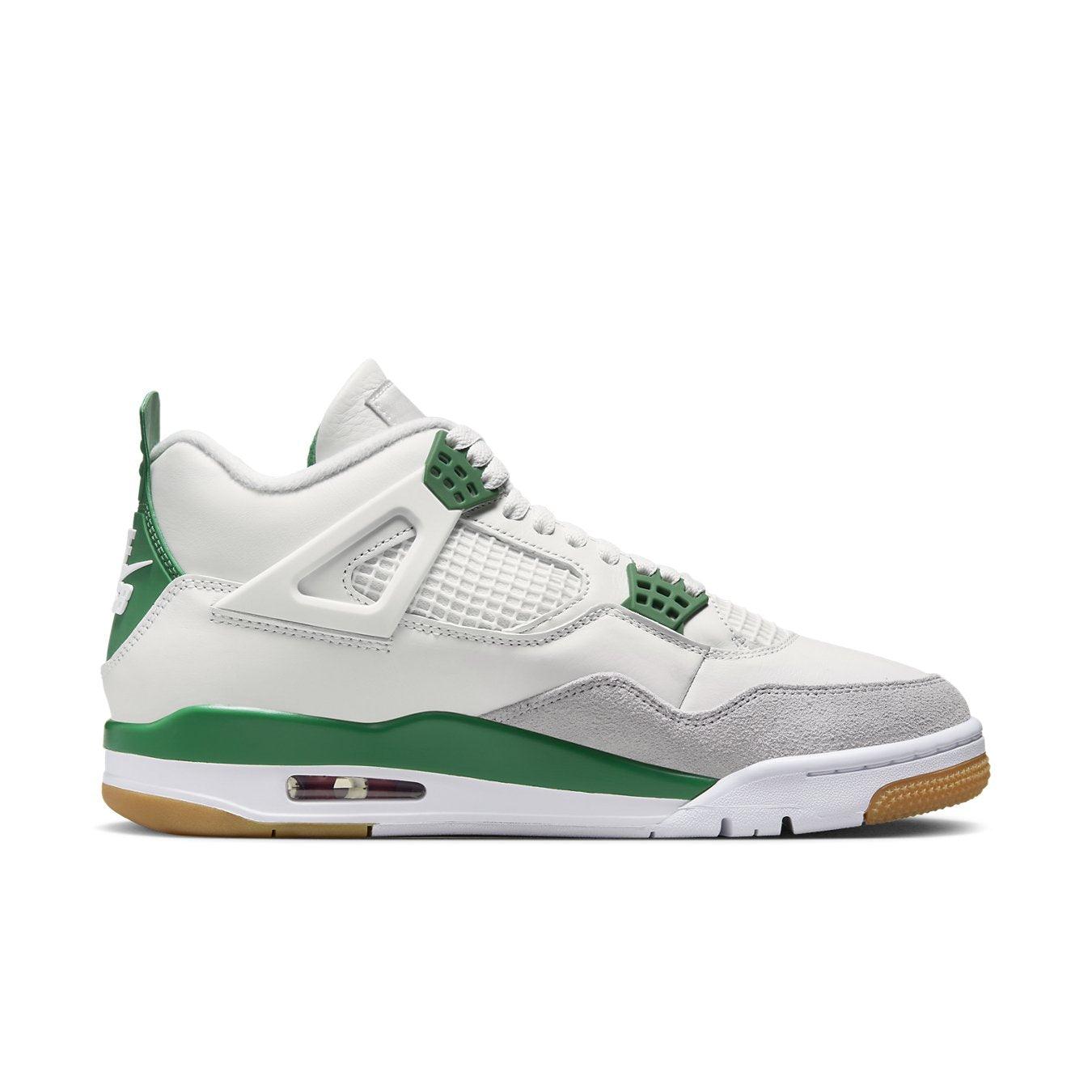 Nike SB x Air Jordan 4 Retro Pine Green featuring white and pine green leather with grey suede accents.