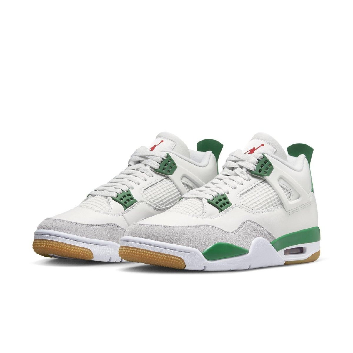 Nike SB x Air Jordan 4 Retro "Pine Green" featuring white and gray suede upper with green accents.