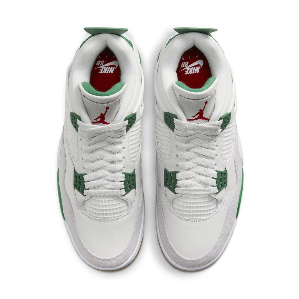 Top view of Nike SB x Air Jordan 4 Retro "Pine Green" featuring white and green accents, showcasing leather and suede details.