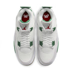 Top view of Nike SB x Air Jordan 4 Retro "Pine Green" featuring white and green accents, showcasing leather and suede details.