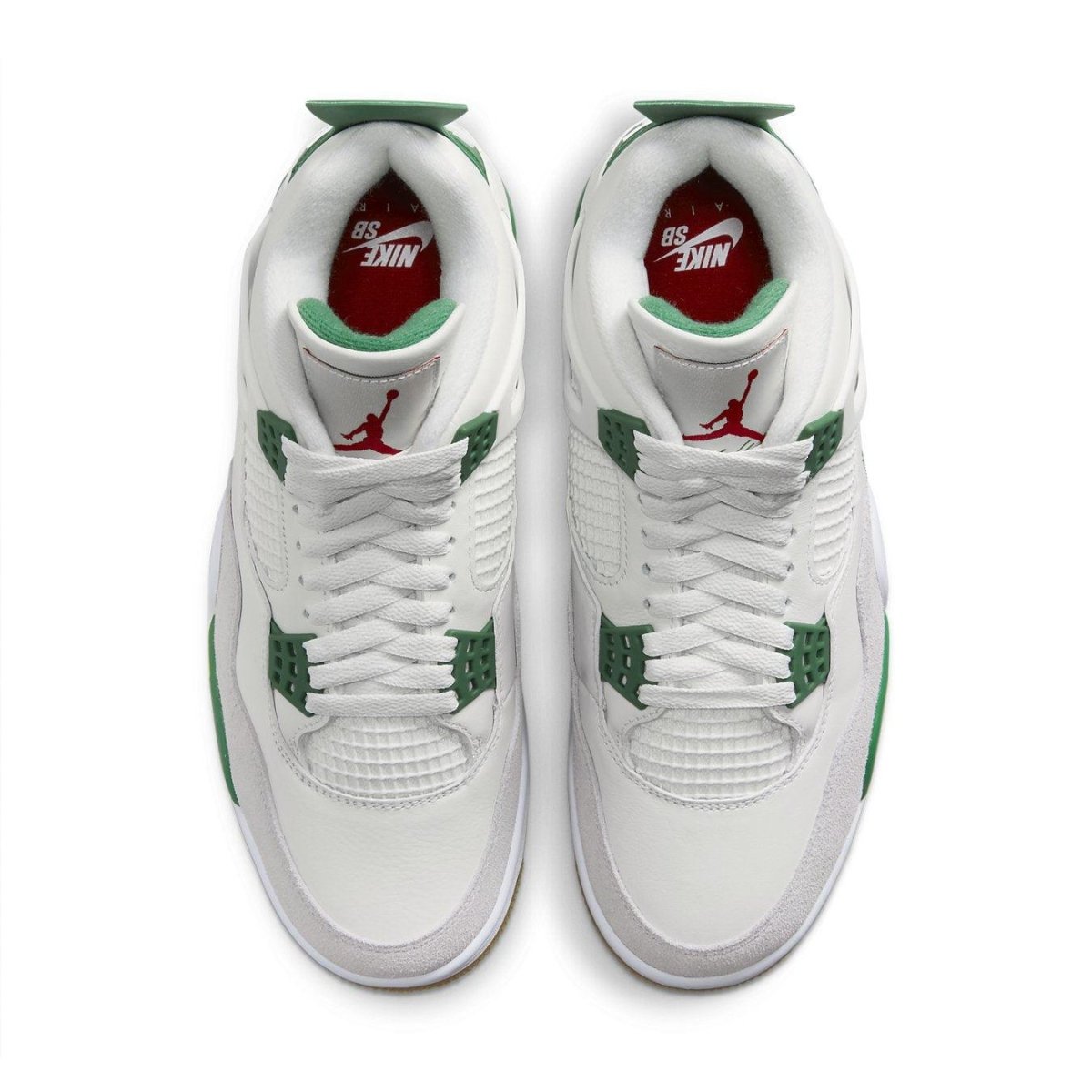 Top view of Nike SB x Air Jordan 4 Retro "Pine Green" featuring white and green accents, showcasing leather and suede details.