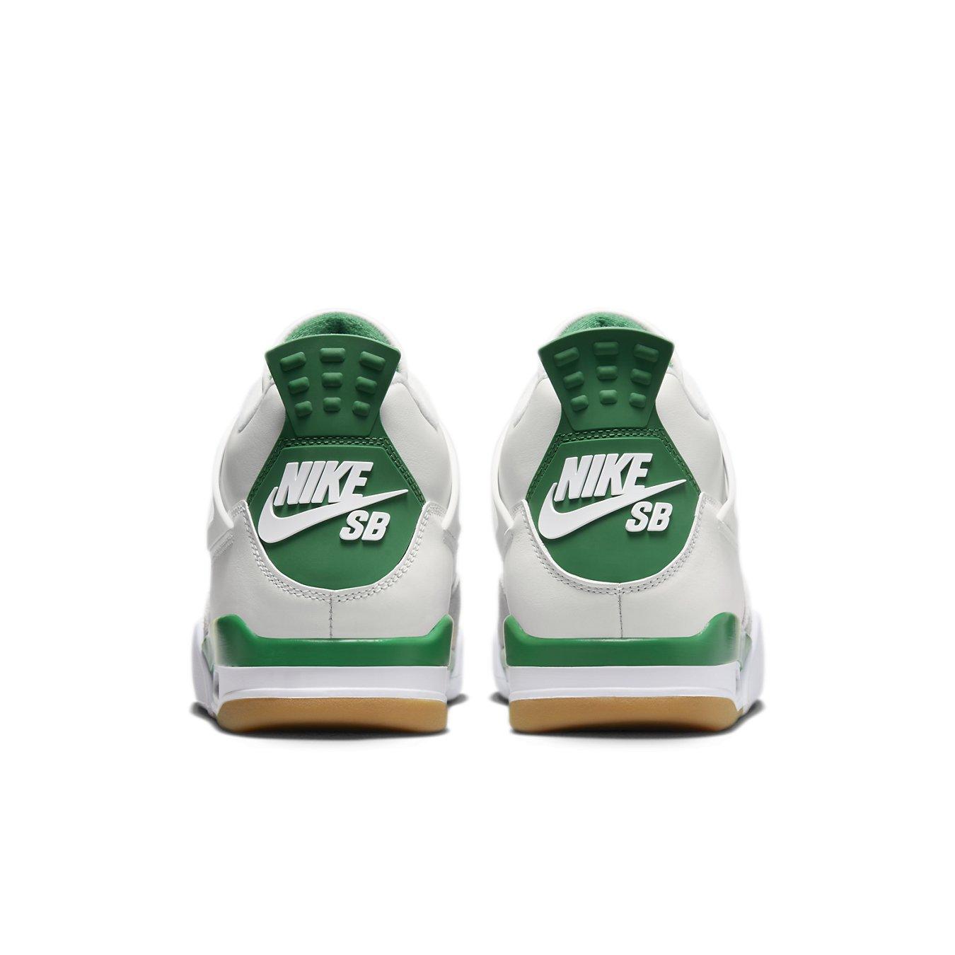 Rear view of Nike SB x Air Jordan 4 Retro 'Pine Green' sneakers showcasing green accents and SB branding.