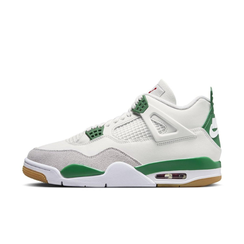 Nike SB x Air Jordan 4 Retro 'Pine Green' sneakers featuring grey suede and white leather.