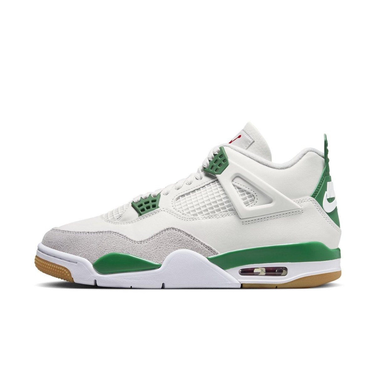 Nike SB x Air Jordan 4 Retro 'Pine Green' sneakers featuring grey suede and white leather.