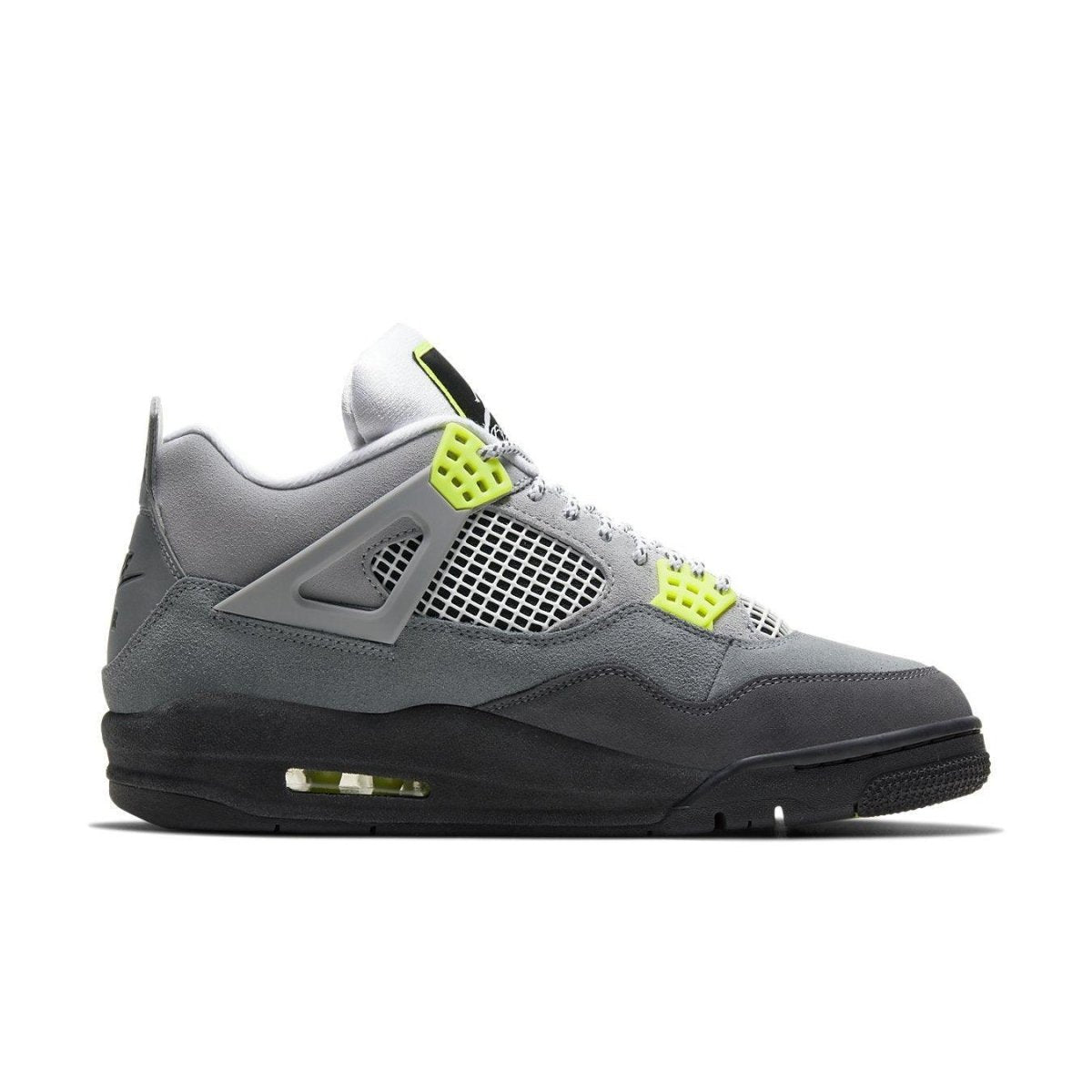 Jordan 4 Retro SE 95 Neon sneakers featuring a gray mesh upper with neon green accents.