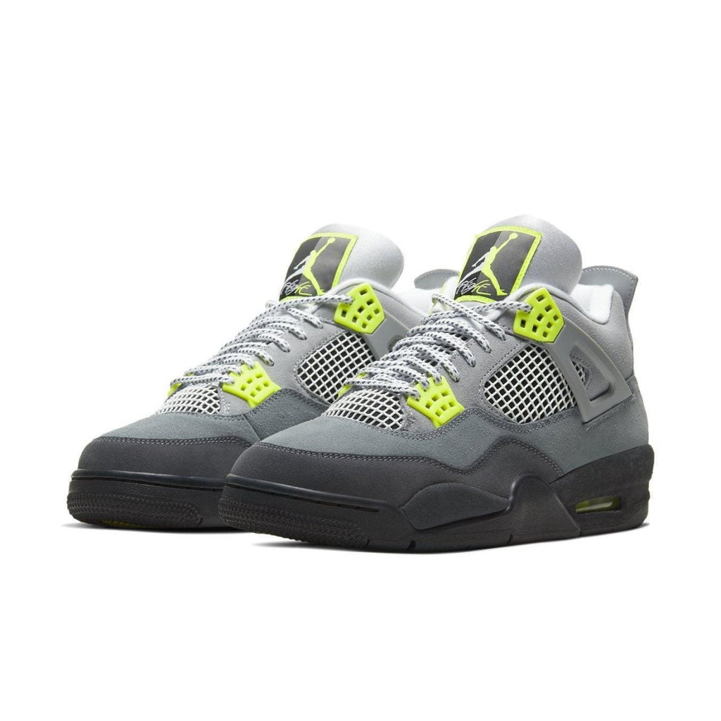 Jordan 4 Retro SE 95 Neon sneakers featuring grey upper with neon green accents and black sole.