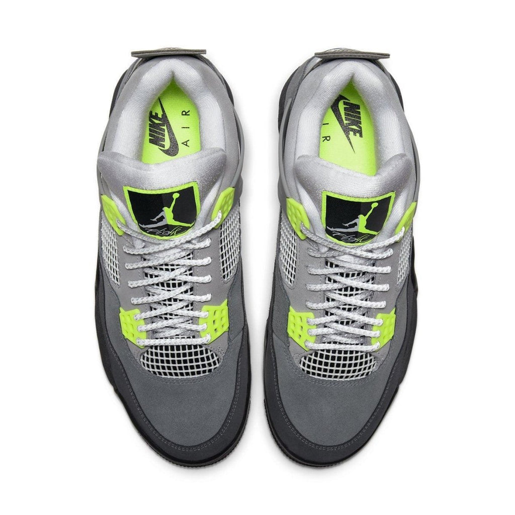 Overhead view of Jordan 4 Retro SE 95 Neon sneakers featuring grey upper and bright neon green accents.