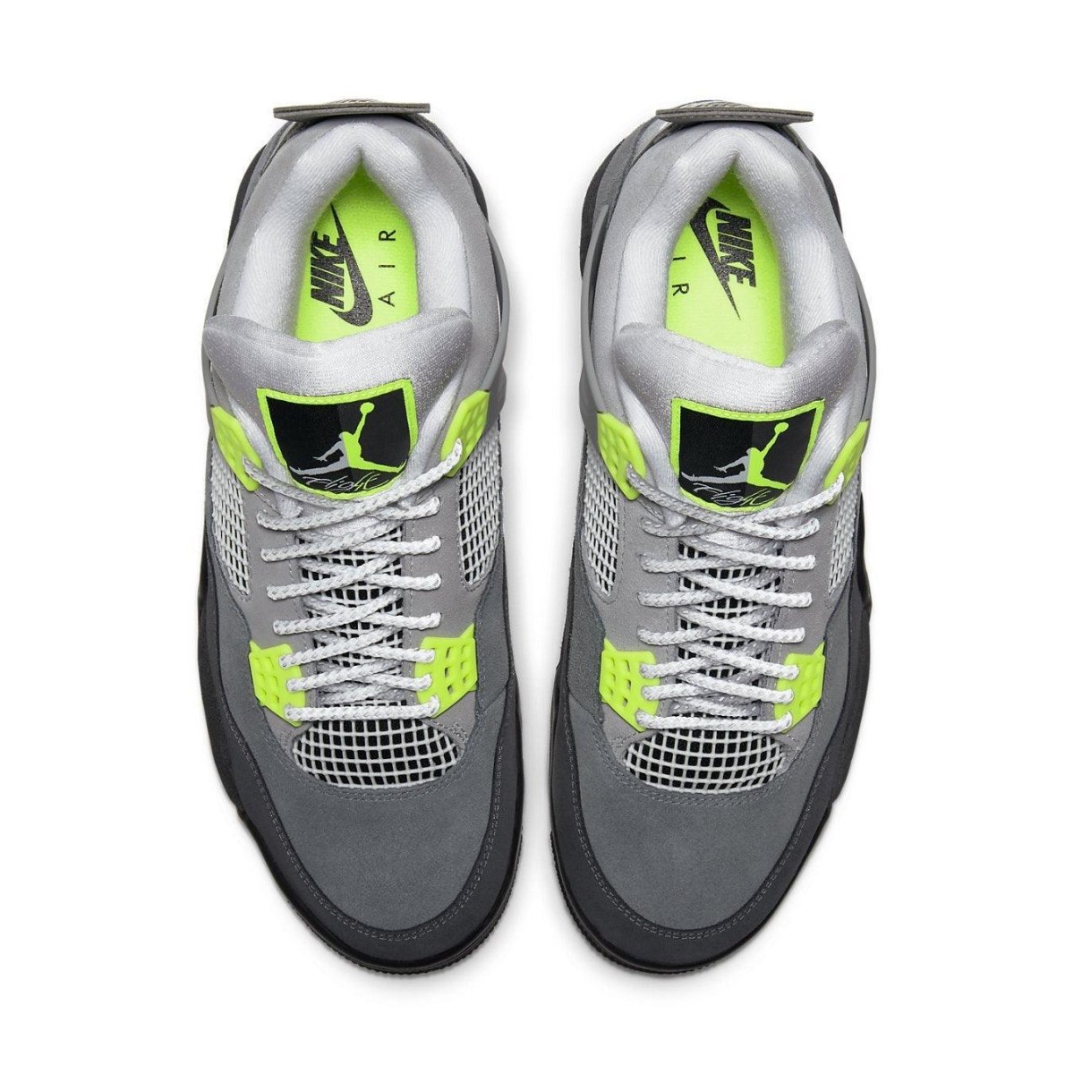 Overhead view of Jordan 4 Retro SE 95 Neon sneakers featuring grey upper and bright neon green accents.