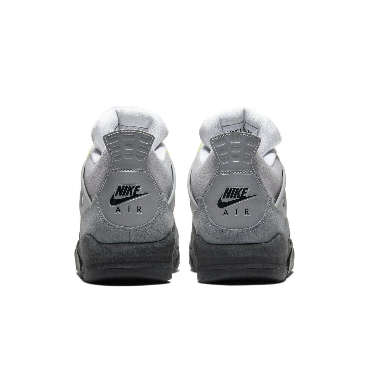 Rear view of Nike Air Jordan 4 Retro SE 95 Neon sneakers, featuring gray and neon accents.