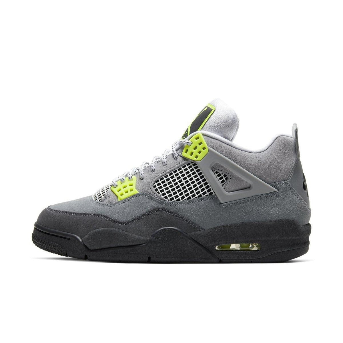 Jordan 4 Retro SE 95 Neon sneakers featuring grey mesh uppers and vibrant neon green accents.