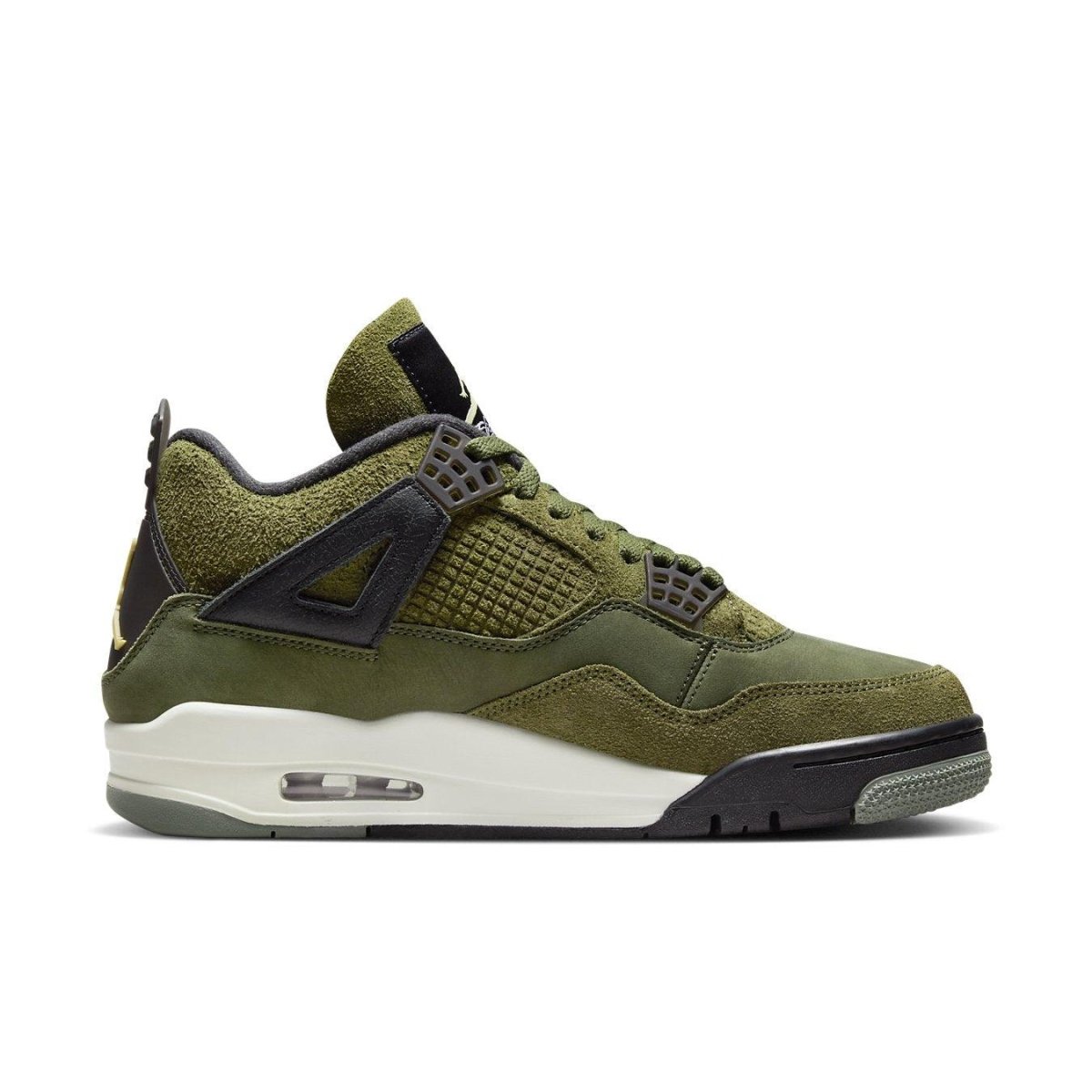 Air Jordan 4 Retro SE Craft in Medium Olive, featuring nubuck and suede upper with unique textures.