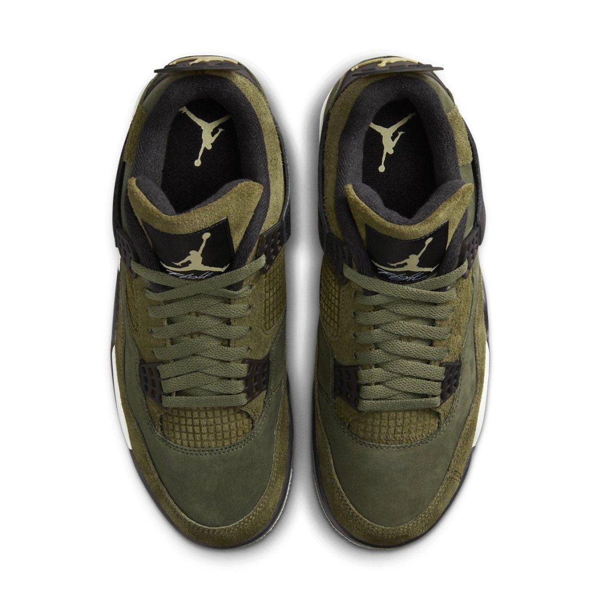 Air Jordan 4 Retro SE Craft Medium Olive sneakers top view showcasing nubuck and suede details.