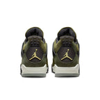 Rear view of Jordan 4 Retro SE Craft Medium Olive sneakers showcasing olive nubuck and suede design with black details.