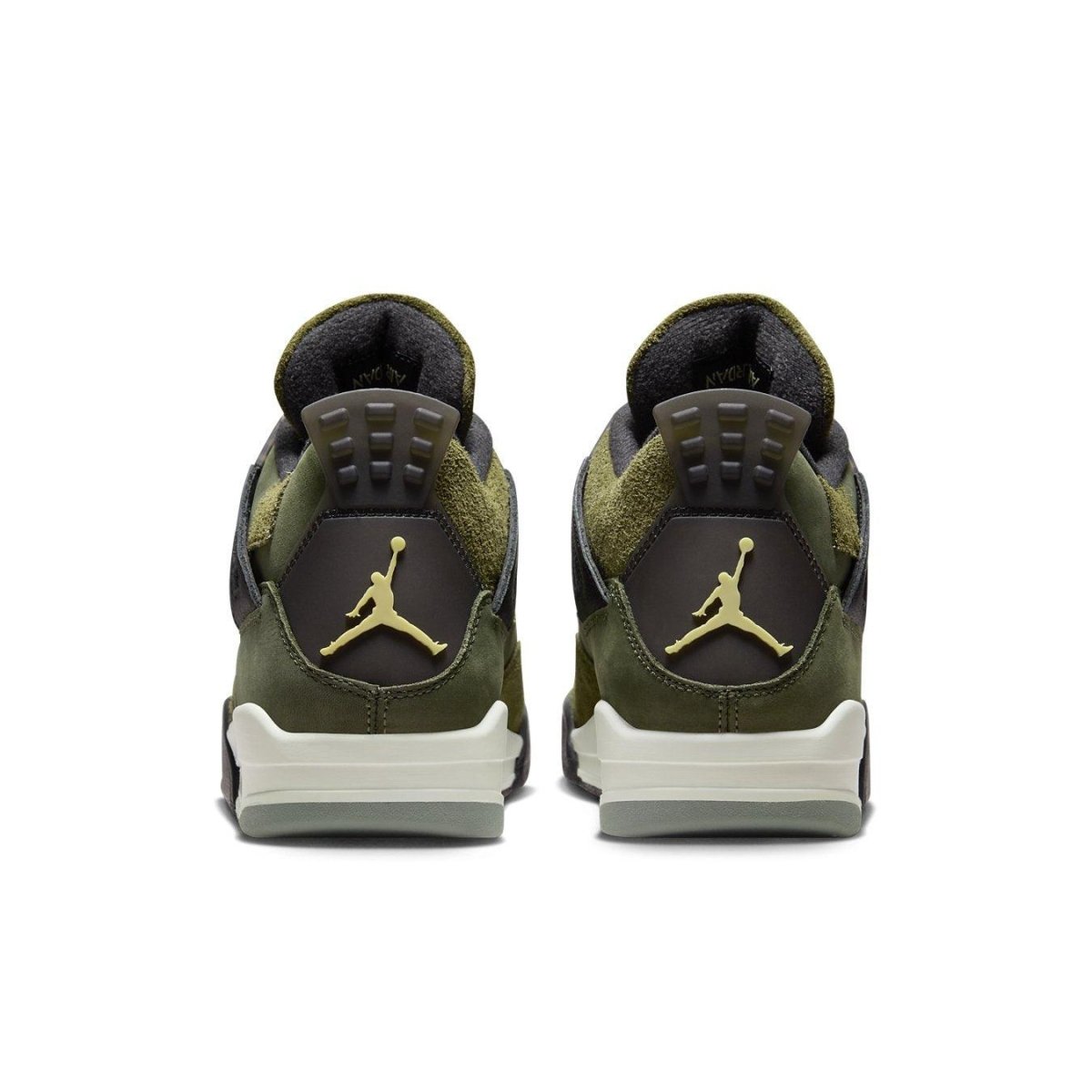 Rear view of Jordan 4 Retro SE Craft Medium Olive sneakers showcasing olive nubuck and suede design with black details.