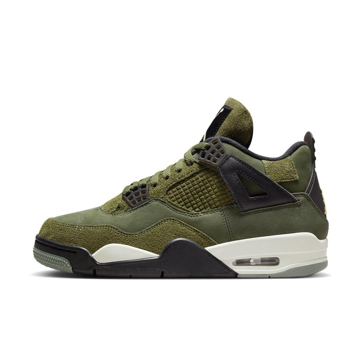 Air Jordan 4 Retro SE Craft in Medium Olive with nubuck and suede upper, black detailing, and unique design features.