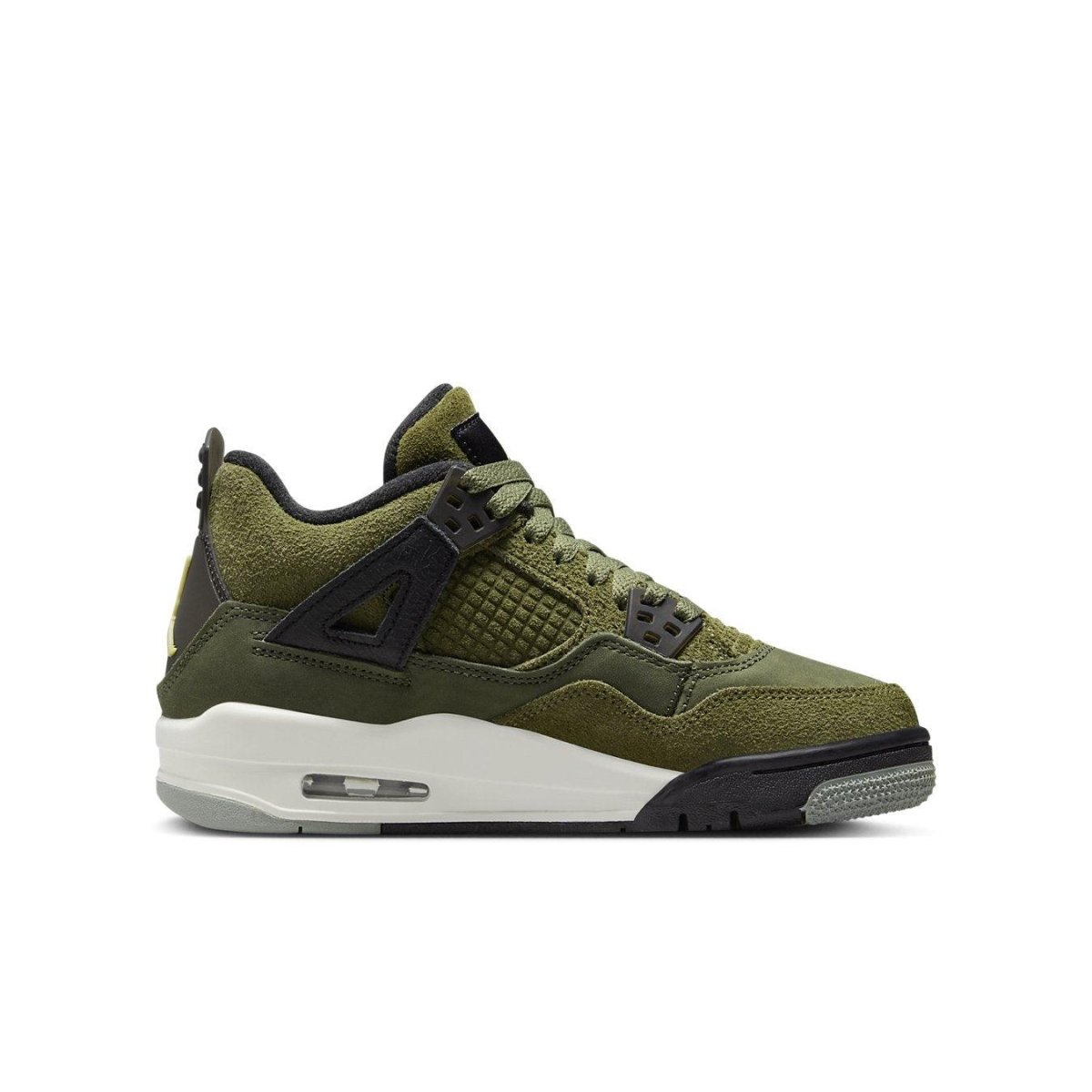Jordan 4 Retro SE Craft Medium Olive sneaker in multicolor nubuck and suede with black details.