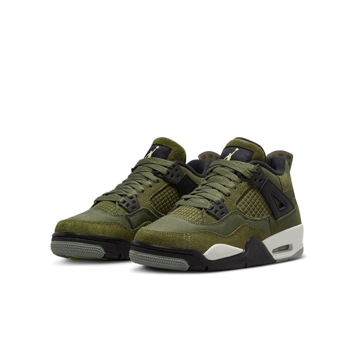 Jordan 4 Retro SE Craft Medium Olive GS sneaker with layered nubuck and suede upper.