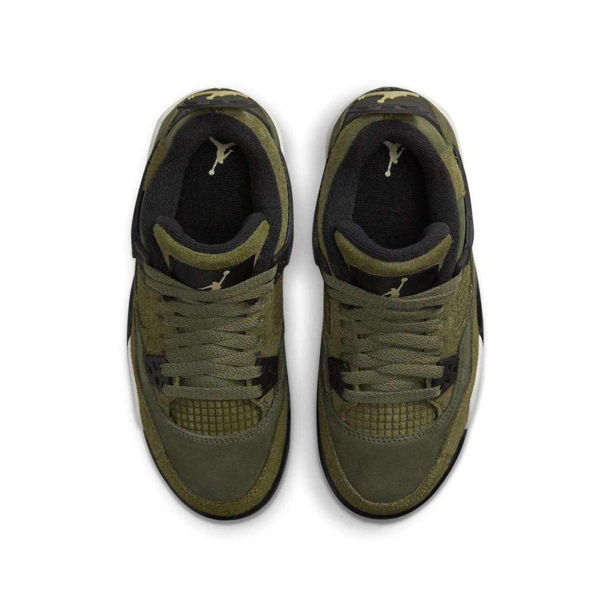 Air Jordan 4 Retro SE Craft Medium Olive GS top view showcasing nubuck and suede upper design.