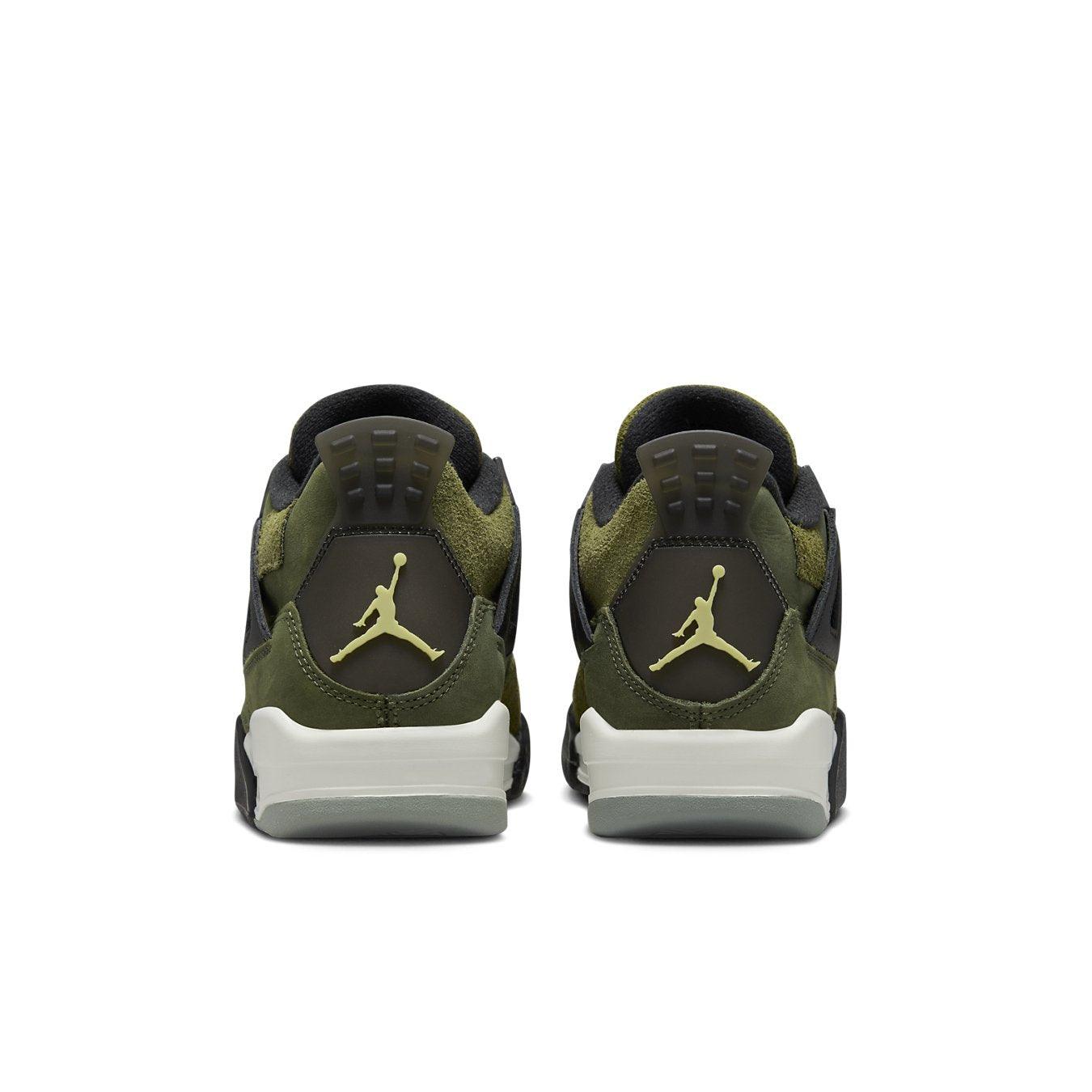 Rear view of Air Jordan 4 Retro SE Craft Medium Olive shoes, featuring olive green and black detailing.