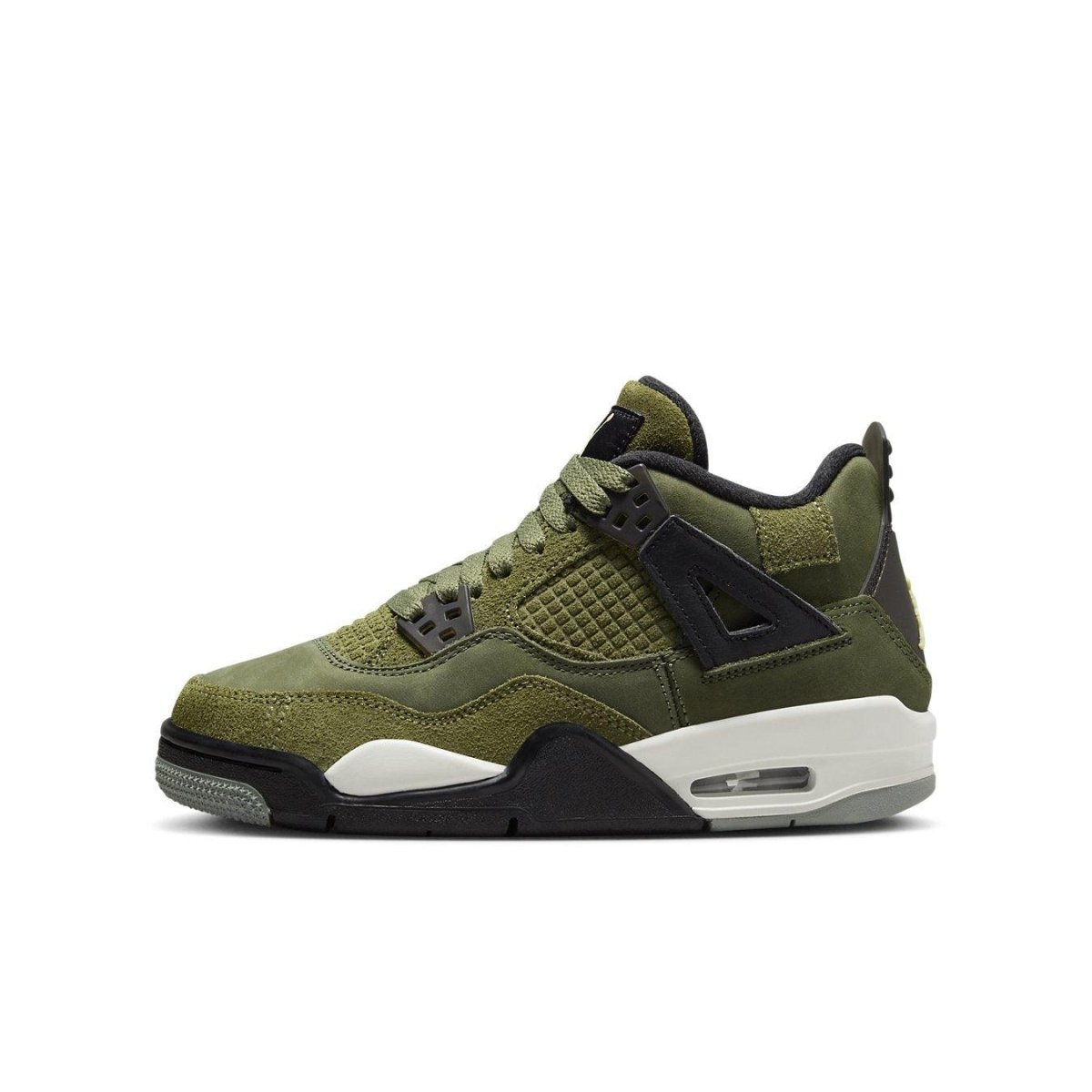 Air Jordan 4 Retro SE Craft in Medium Olive for big kids, featuring nubuck and suede upper with black details.