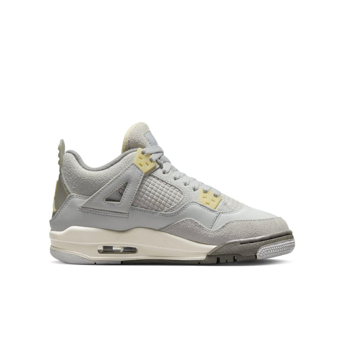 Air Jordan 4 Retro SE Craft Photon Dust sneaker for kids in gray with yellow accents and stylish design.