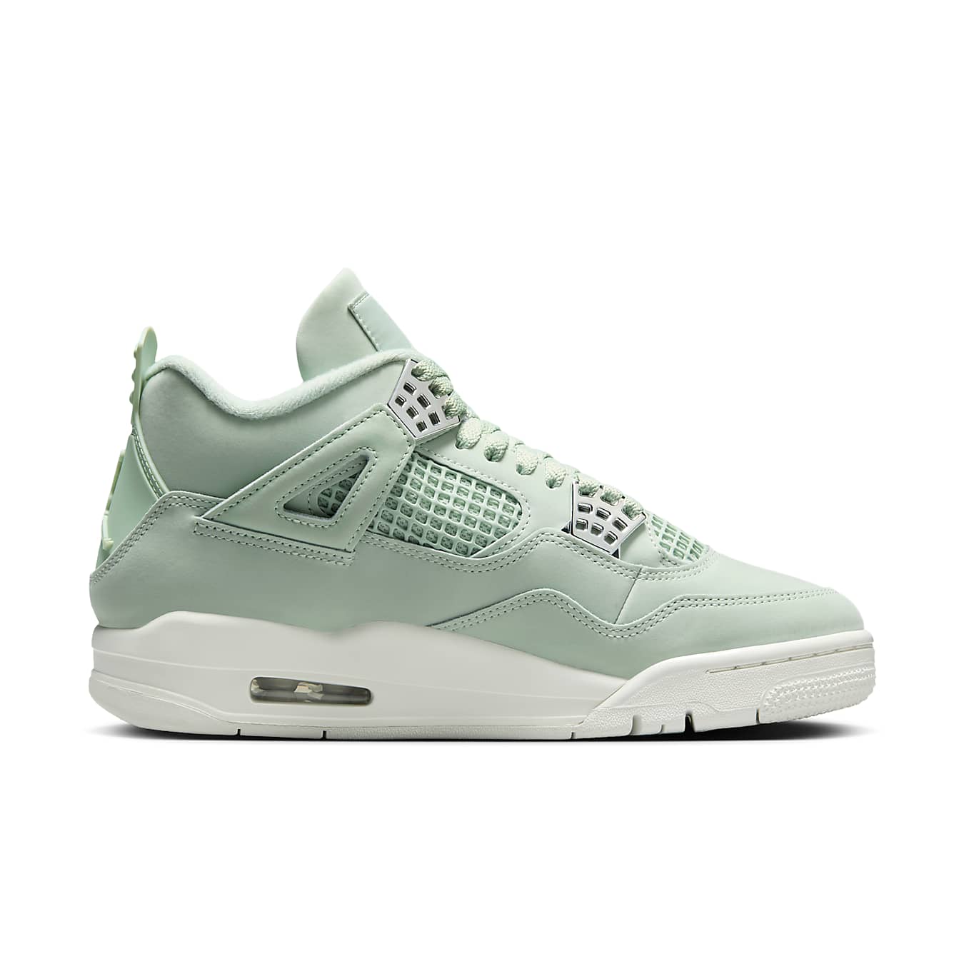Jordan 4 Retro Seafoam Sail Women's sneakers in mint green, featuring mesh details and a sleek design.