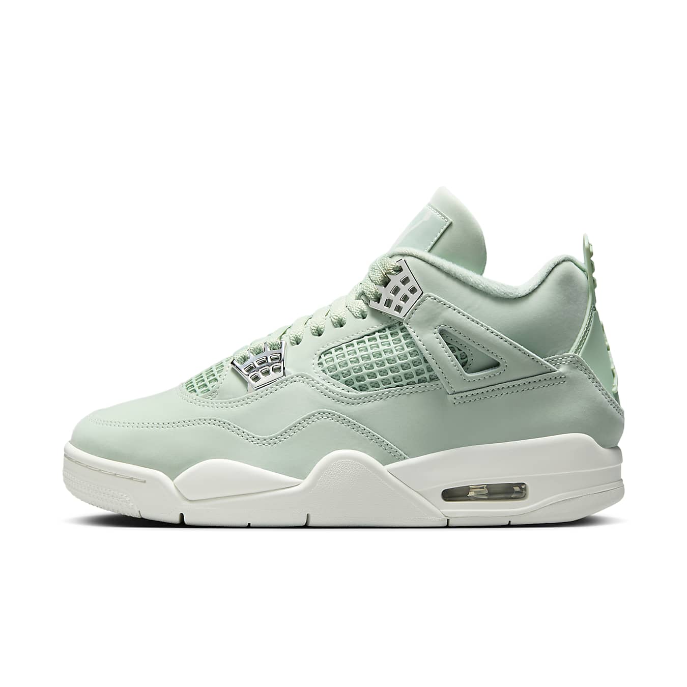 Jordan 4 Retro Seafoam Sail women's sneaker featuring a mint green colorway and classic silhouette.