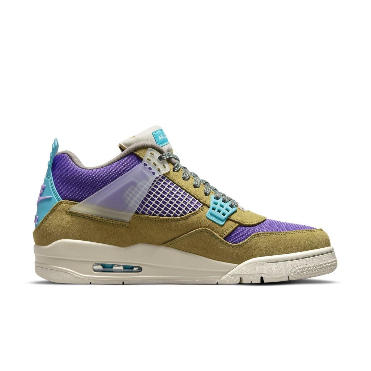 Air Jordan 4 Retro SP 30th Anniversary Union Desert Moss sneaker in green and purple colorway.