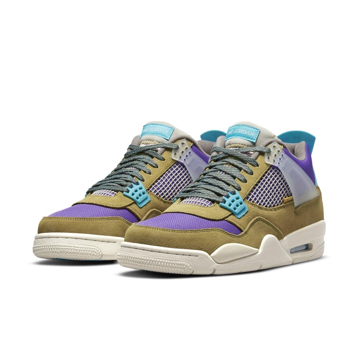 Air Jordan 4 Retro SP 30th Anniversary Union Desert Moss sneakers in olive green and purple.