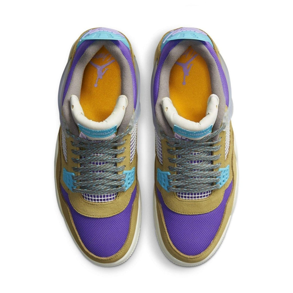 Air Jordan 4 Retro SP 30th Anniversary Union Desert Moss in purple, yellow, and blue colorway, top view.