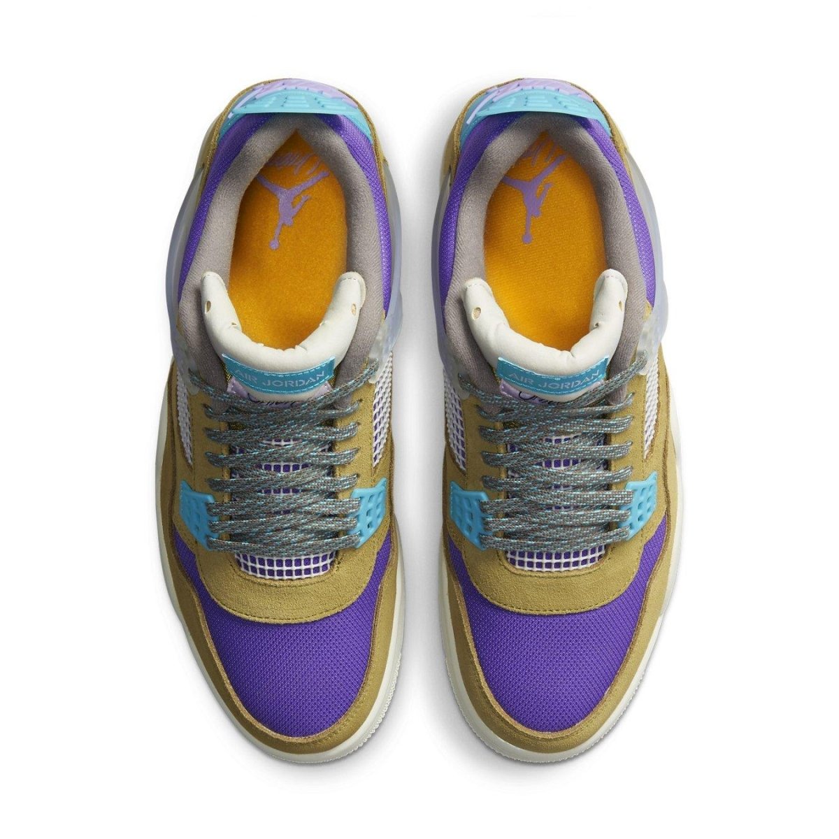 Air Jordan 4 Retro SP 30th Anniversary Union Desert Moss in purple, yellow, and blue colorway, top view.
