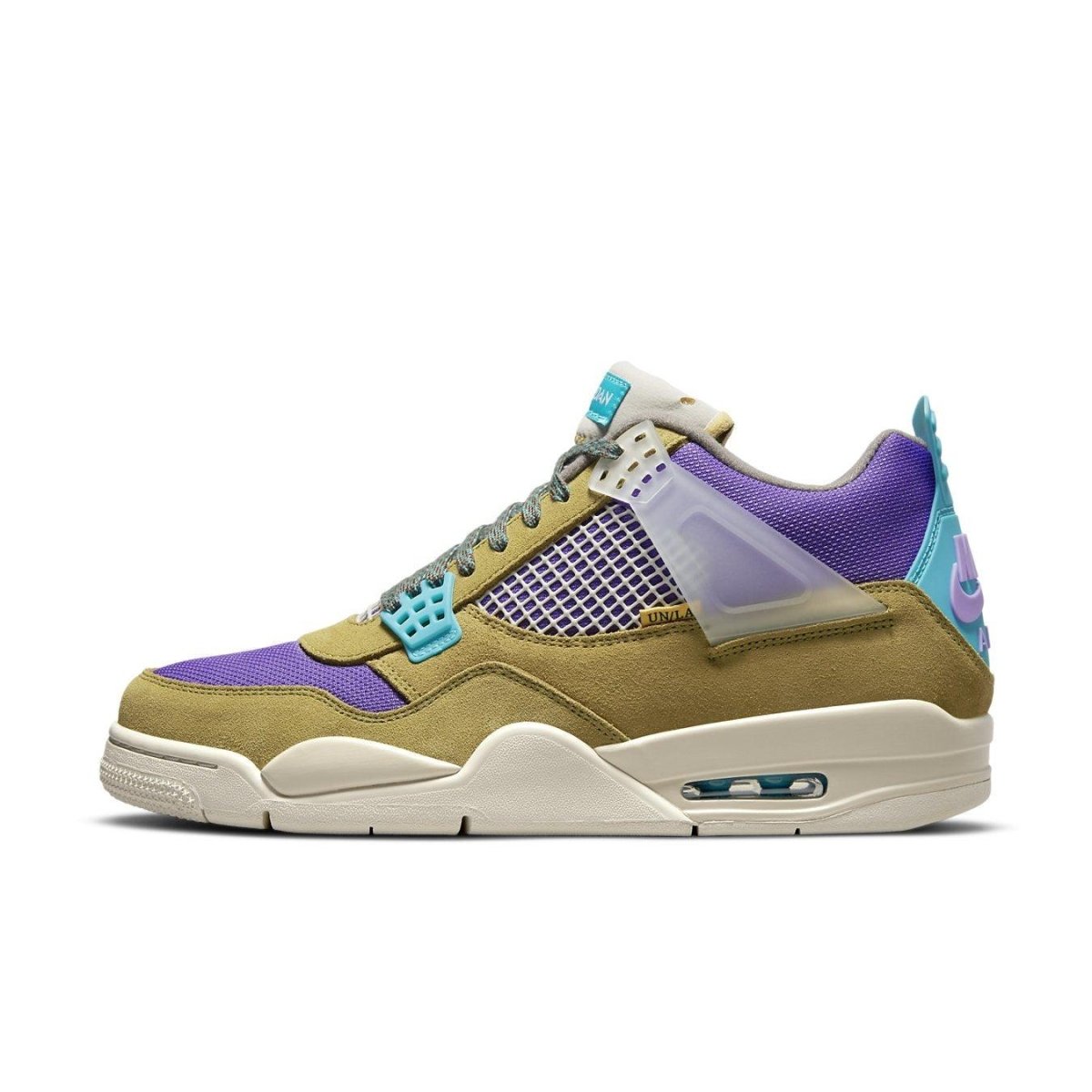 Jordan 4 Retro SP 30th Anniversary Union Desert Moss in olive green and purple, featuring a mid-top design.