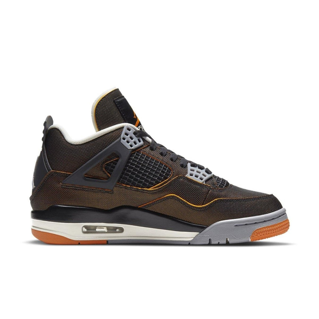 Air Jordan 4 Retro 'Starfish' women's sneaker in black mesh with orange detailing and grey accents.