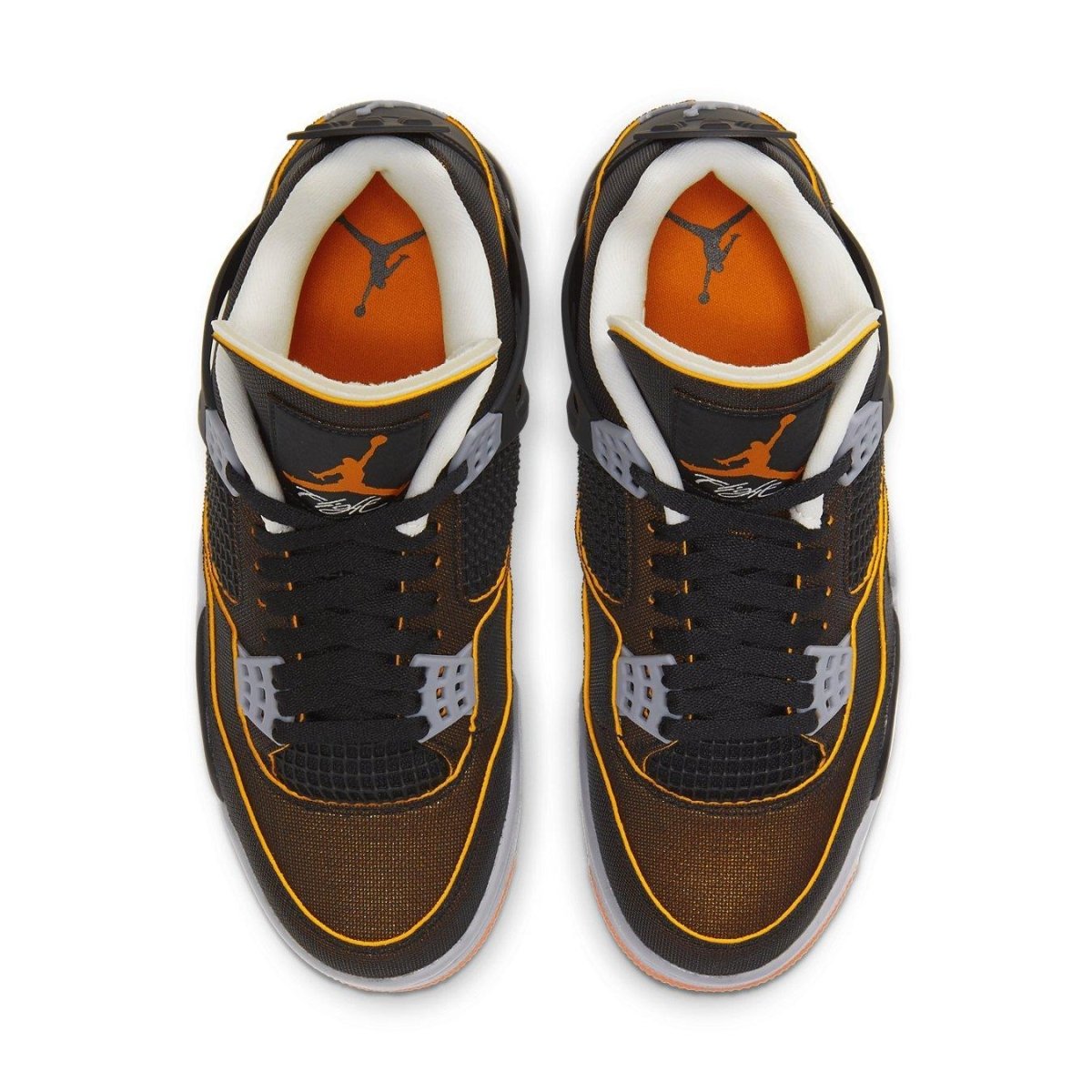 Top view of women's Air Jordan 4 Retro 'Starfish' sneaker featuring black mesh upper and vibrant orange accents.