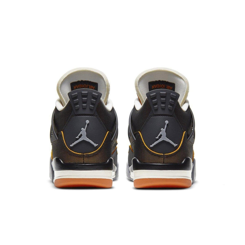 Rear view of Air Jordan 4 Retro Starfish women's sneakers with black, orange, and gray design.
