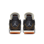 Rear view of Air Jordan 4 Retro Starfish women's sneakers with black, orange, and gray design.