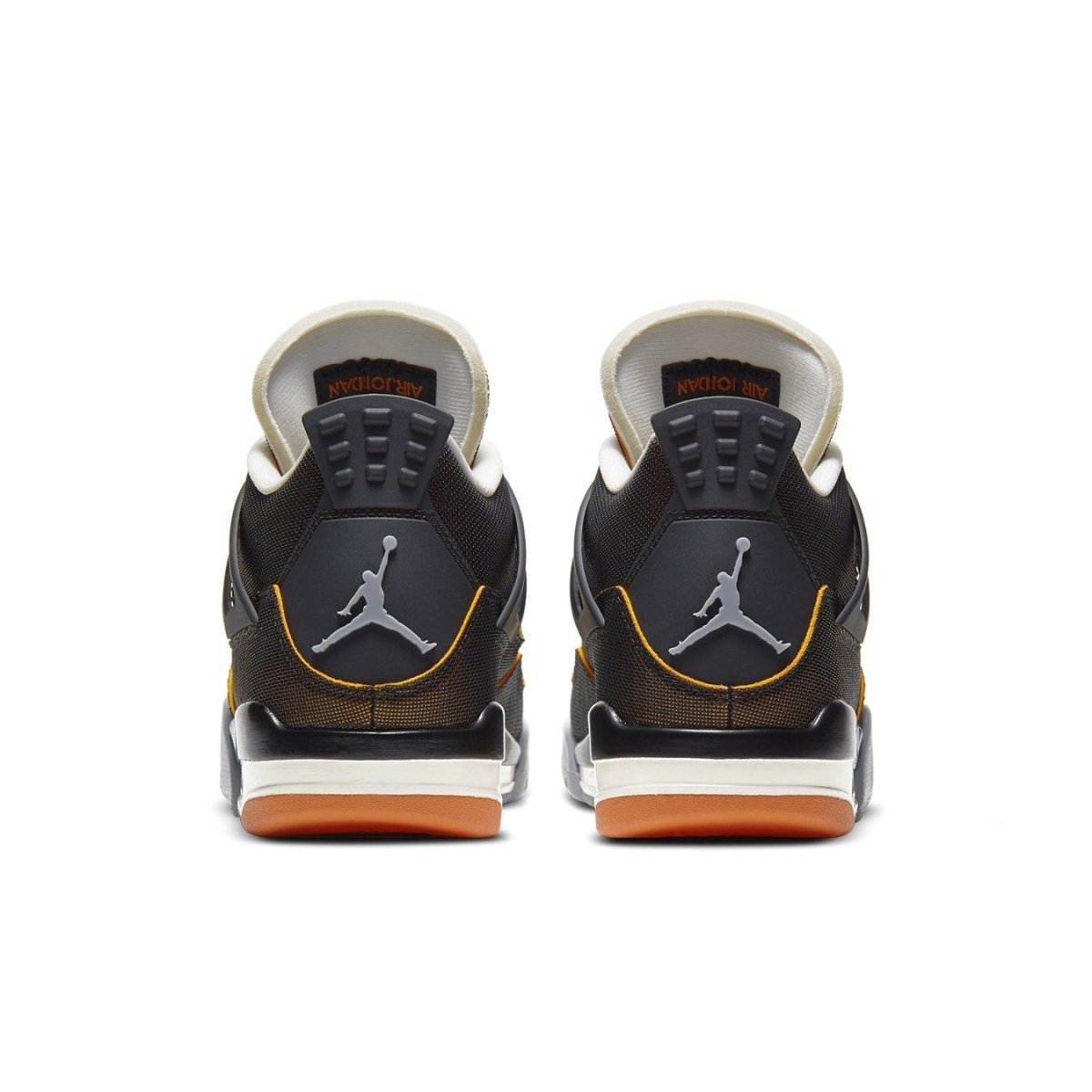 Rear view of Air Jordan 4 Retro Starfish women's sneakers with black, orange, and gray design.