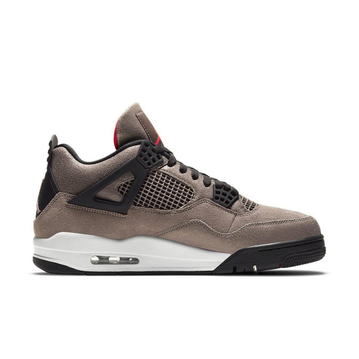 Air Jordan 4 Retro Taupe Haze sneaker in taupe and black suede with infrared accents and white midsole.