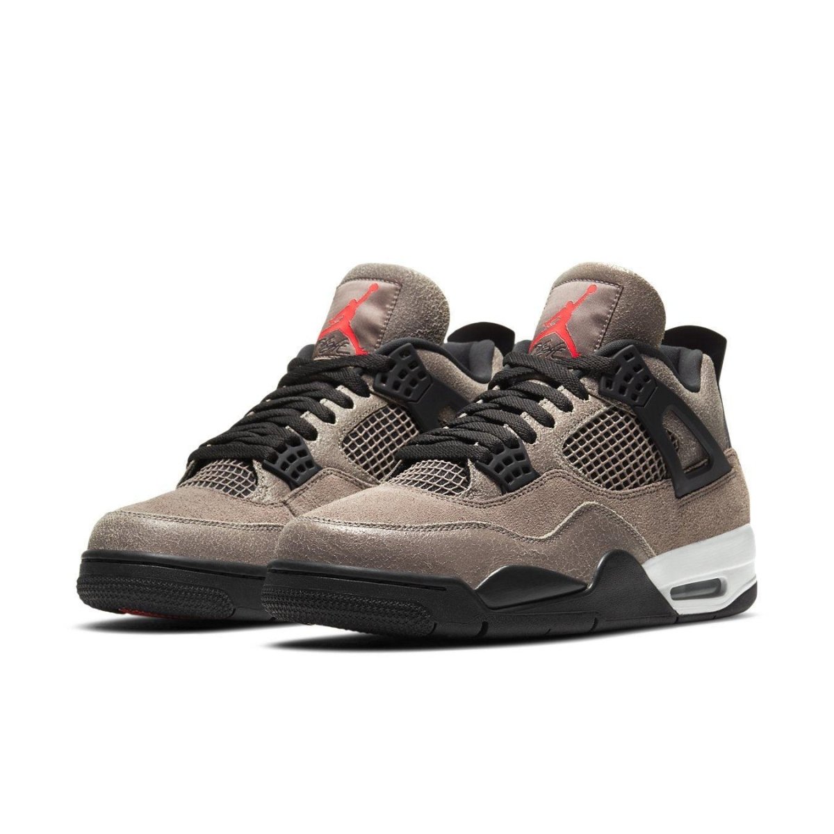 Air Jordan 4 Retro Taupe Haze sneakers in suede with Oil Grey and vibrant Infrared accents.