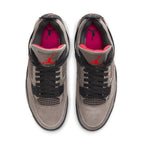Top view of Jordan 4 Retro Taupe Haze sneakers featuring taupe suede and vibrant infrared accents.