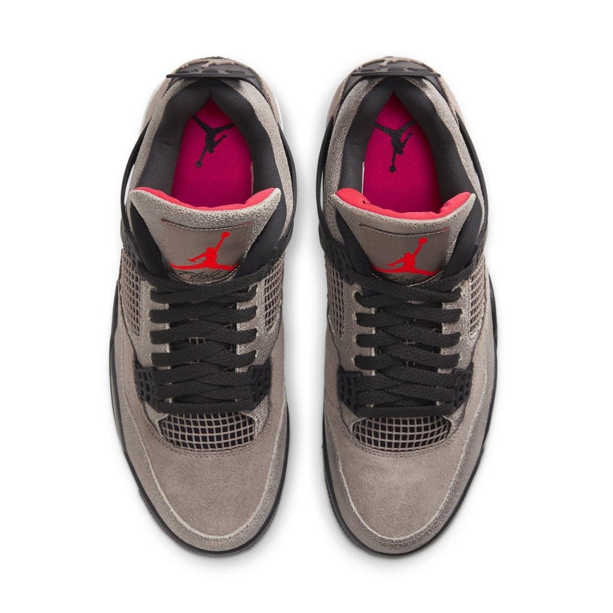 Top view of Jordan 4 Retro Taupe Haze sneakers featuring taupe suede and vibrant infrared accents.