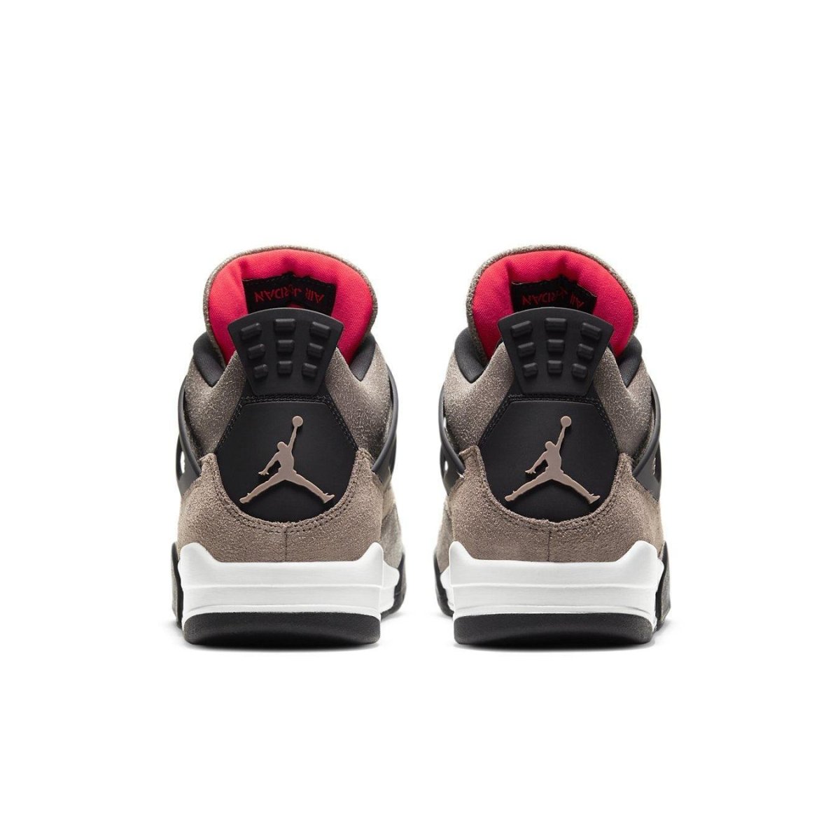 Air Jordan 4 Retro Taupe Haze sneakers showcasing a stylish rear view with taupe and black accents.