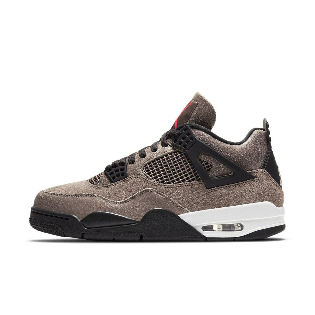 Air Jordan 4 Retro Taupe Haze in earthy tones with suede textures and vibrant infrared accents.